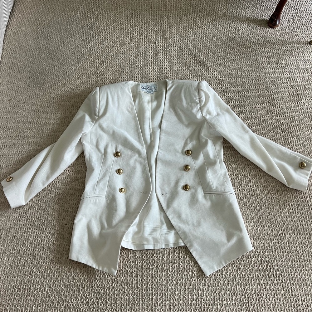 Oleg Cassini White Linen Double-Breasted Blazer with Gold Buttons